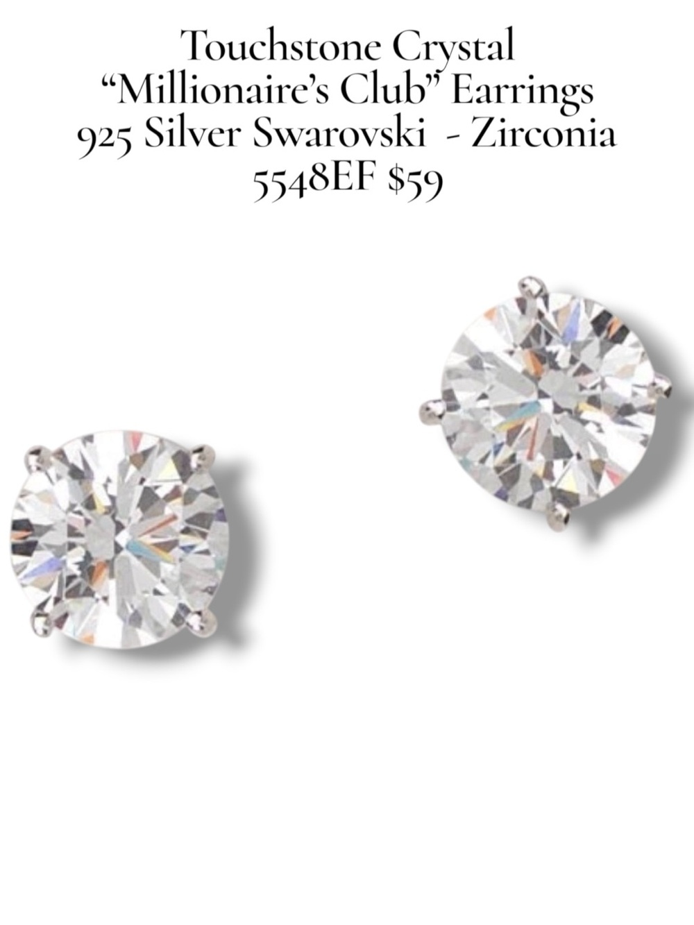 Touchstone Crystal Millionaire's Club 925 Silver Swarovski Crystal Stud Earrings